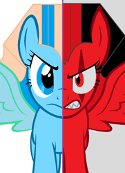 Size: 676x932 | Tagged: safe, artist:mudmee-thai, imported from derpibooru, oc, oc only, pegasus, pony, angry, eye scar, eyelashes, pegasus oc, scar, solo, split screen, spread wings, wings