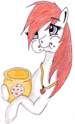 Size: 2065x3411 | Tagged: safe, artist:beamybutt, imported from derpibooru, oc, oc only, earth pony, pony, cookie, cookie jar, earth pony oc, eating, female, food, high res, jewelry, mare, necklace, puffy cheeks, simple background, solo, traditional art, white background