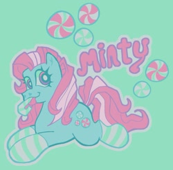 Size: 1303x1281 | Tagged: safe, artist:mewnikitty, imported from derpibooru, minty, earth pony, pony, :p, candy, candy cane, clothes, filter, food, g3, lying down, simple background, socks, striped socks, text, tongue out