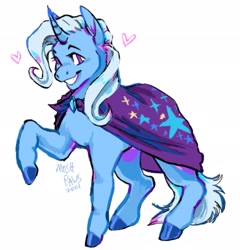 Size: 1967x2048 | Tagged: safe, artist:moshpaws, imported from derpibooru, trixie, pony, unicorn, cape, clothes, colored hooves, heart, signature, simple background, solo