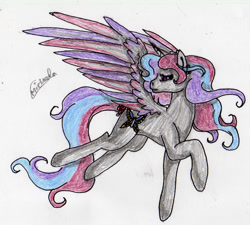 Size: 1666x1501 | Tagged: safe, artist:beamybutt, imported from derpibooru, oc, oc only, alicorn, pony, alicorn oc, horn, looking back, signature, simple background, traditional art, white background, wings