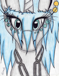 Size: 2488x3246 | Tagged: safe, artist:beamybutt, imported from derpibooru, oc, oc only, oc:moonbeam, pony, unicorn, bust, chains, ear piercing, eyelashes, high res, horn, piercing, signature, simple background, solo, traditional art, unicorn oc, white background