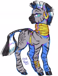 Size: 1579x2048 | Tagged: safe, artist:moshpaws, imported from derpibooru, zecora, pony, zebra, bracelet, ear piercing, earring, jewelry, markings, piercing, signature, simple background, solo