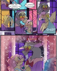Size: 540x676 | Tagged: safe, artist:cocolove2176, imported from derpibooru, discord, fluttershy, draconequus, pegasus, pony, comic:fluttering chaos, blushing, clothes, comic, dancing, dialogue, discoshy, dress, eyes closed, female, gala dress, hug, male, mare, shipping, straight, wings