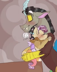 Size: 540x676 | Tagged: safe, artist:cocolove2176, imported from derpibooru, oc, oc:coraliss rose, draconequus, hybrid, pony, blushing, draconequus oc, eyes closed, father and child, father and daughter, female, interspecies offspring, male, offspring, parent:discord, parent:fluttershy, parents:discoshy, wings