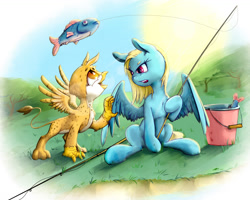 Size: 1476x1181 | Tagged: safe, artist:fixablom, imported from derpibooru, oc, oc only, oc:beaky, oc:brave blossom, fish, griffon, pegasus, pony, fanfic:yellow feathers, bucket, duo, female, fishing, fishing rod, griffon oc, jewelry, male, mother and child, mother and son, necklace, tree