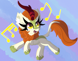 Size: 2260x1769 | Tagged: safe, artist:windykirin, imported from derpibooru, autumn blaze, kirin, abstract background, absurd file size, female, long eyelashes, music notes, singing, solo