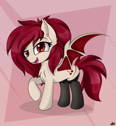 Size: 3500x3800 | Tagged: source needed, safe, artist:starmaster, imported from derpibooru, oc, oc only, oc:cherry gloom, bat pony, pony, clothes, commission, high res, smiling, socks, solo, wings