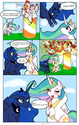 Size: 638x1007 | Tagged: safe, artist:therainbowtroll, imported from derpibooru, princess celestia, princess luna, scootaloo, alicorn, bird, chicken, pegasus, pony, animal costume, annoyed, anus, cake, cakelestia, cannon, chicken suit, clothes, comic, costume, cross-popping veins, crown, food, fuse, jewelry, nudity, pony cannonball, regalia, scootachicken, silly, silly pony, simplistic anus, that princess sure is afraid of chickens, to the moon