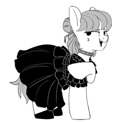 Size: 958x915 | Tagged: safe, artist:tallaferroxiv, oc, oc only, pony, choker, clothes, dress, female, grayscale, hoof shoes, looking back, mare, monochrome, open mouth, raised hoof, simple background, solo, white background