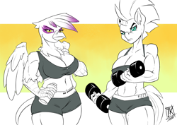 Size: 1024x724 | Tagged: safe, artist:zwitterkitsune, gilda, tempest shadow, anthro, belly button, breasts, busty gilda, busty tempest shadow, cleavage, clothes, female, frown, looking at you, shorts, water bottle, weight lifting, workout, workout outfit