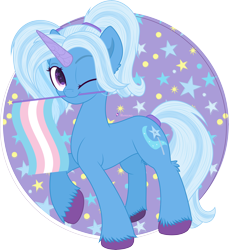 Size: 7969x8716 | Tagged: safe, artist:illumnious, imported from derpibooru, trixie, pony, unicorn, alternate hairstyle, female, mare, mouth hold, one eye closed, pigtails, pride, pride flag, raised hoof, simple background, solo, trans female, trans trixie, transgender, transgender pride flag, transparent background, twintails, unshorn fetlocks, wink