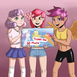 Size: 2500x2500 | Tagged: safe, artist:crade, apple bloom, scootaloo, sweetie belle, elf, human, clothes, cutie mark crusaders, daisy dukes, gradient background, humanized, jewelry, looking at you, necklace, shorts, skirt, spats, wings