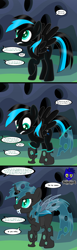 Size: 3840x12462 | Tagged: safe, artist:damlanil, imported from derpibooru, oc, oc:nightlight aura, changeling, pegasus, pony, changeling hive, comic, commission, female, hive, horn, implied crysalis, magic, mare, offscreen character, shiny mane, show accurate, story, text, transformation, vector, wings