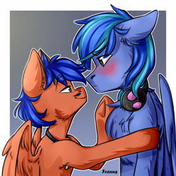 Size: 1920x1920 | Tagged: safe, artist:fraxus, artist:ilovefraxus, imported from derpibooru, oc, oc only, pegasus, blushing, bust, commission, height difference, male, portrait, smiling, smirk, stand, ych result, your character here