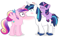 Size: 1600x1000 | Tagged: safe, artist:dm29, imported from ponybooru, princess cadance, shining armor, twilight sparkle, alicorn, unicorn, blushing, brother and sister, eyes closed, female, filly, filly twilight sparkle, gritted teeth, heart, horn, kissing, kissing nose, male, pushing, pushing in, shrunken pupils, siblings, signature, teen princess cadance, teen shining armor, unicorn twilight, younger