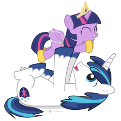 Size: 1375x1375 | Tagged: safe, artist:dm29, imported from ponybooru, shining armor, twilight sparkle, alicorn, pony, unicorn, brother and sister, eyes closed, female, filly, filly twilight sparkle, holding a pony, horn, male, on back, princess costume, siblings, signature, teen shining armor, twilight sparkle (alicorn), unicorn twilight, younger