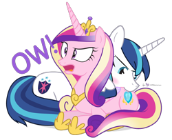Size: 960x780 | Tagged: safe, artist:dm29, imported from ponybooru, princess cadance, shining armor, alicorn, unicorn, biting, butt, butt bite, duo, female, laying on stomach, male, open mouth, ow!, pain, signature