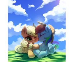 Size: 4060x3507 | Tagged: safe, artist:theprince, imported from derpibooru, applejack, rainbow dash, earth pony, pegasus, pony, accessory swap, appledash, applejack's hat, cheek kiss, cheek squish, cloud, cloudy, complex background, cowboy hat, cute, dashabetes, daytime, digital art, eyes closed, female, folded wings, foreshortening, freckles, grass, hair tie, hat, hatless, jackabetes, kissing, lens flare, lesbian, lying down, mare, missing accessory, multicolored hair, one eye closed, painting, prone, shipping, signature, sky, smiling, squishy cheeks, sunny day, sunshine, touching hooves, wings