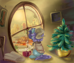 Size: 1300x1100 | Tagged: safe, artist:feelinnglad, imported from derpibooru, oc, oc only, earth pony, pony, autumn, book, chocolate, clothes, cup, earth pony oc, food, hat, hot chocolate, plant, scenery, solo, sweater, tree, window