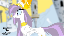 Size: 1920x1080 | Tagged: safe, artist:shawn keller, imported from derpibooru, screencap, oc, oc only, oc:athena, oc:athena (shawn keller), pegasus, pony, concave belly, cute, female, guardians of pondonia, jewelry, logo, mare, margarita paranormal, regalia, side view, slim, solo, thin