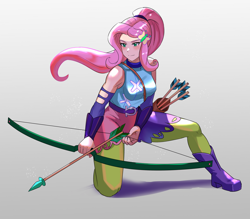 Size: 800x700 | Tagged: safe, artist:tzc, imported from derpibooru, fluttershy, human, alternate hairstyle, archer, arrow, badass, boots, bow (weapon), clothes, female, flutterbadass, humanized, pants, quiver, shoes, solo