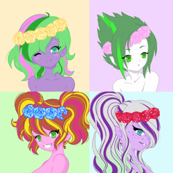 Size: 1920x1920 | Tagged: safe, artist:ocean-drop, imported from derpibooru, oc, oc only, oc:cherry chunga, oc:creme de la creme, oc:gem stone, oc:sapphire shine, dracony, dragon, hybrid, pony, equestria girls, base used, elf ears, female, floral head wreath, flower, freckles, interspecies offspring, offspring, parent:cheese sandwich, parent:pinkie pie, parent:rarity, parent:spike, parent:timber spruce, parent:twilight sparkle, parents:cheesepie, parents:sparity, parents:timbertwi, smiling