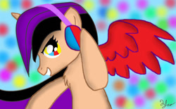 Size: 1250x776 | Tagged: safe, artist:mudmee-thai, imported from derpibooru, oc, oc only, alicorn, pony, alicorn oc, base used, bust, female, headphones, horn, mare, open mouth, signature, solo, wings