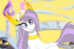 Size: 1012x676 | Tagged: safe, artist:shawn keller, imported from derpibooru, screencap, oc, oc only, oc:athena, oc:athena (shawn keller), pegasus, pony, cute, female, guardian of the three kingdoms, guardians of pondonia, jewelry, lidded eyes, looking at you, mare, pegasus oc, smiling, solo, youtube link