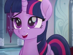 Size: 640x487 | Tagged: safe, imported from derpibooru, screencap, twilight sparkle, alicorn, pony, my little pony: the movie, canterlot throne room, cropped, crown, folded wings, happy, jewelry, lidded eyes, looking up, regalia, smiling, solo, twilight sparkle (alicorn), wings