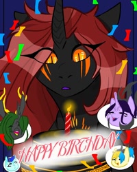 Size: 768x960 | Tagged: safe, artist:_goddesskatie_, imported from derpibooru, oc, oc only, changeling, changeling queen, bust, cake, candle, changeling queen oc, confetti, eye clipping through hair, eyes closed, female, food, green changeling, happy birthday, open mouth, surprised