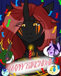 Size: 768x960 | Tagged: safe, alternate version, artist:_goddesskatie_, imported from derpibooru, oc, oc only, changeling, changeling queen, bust, cake, candle, changeling queen oc, confetti, eye clipping through hair, eyes closed, female, food, green changeling, happy birthday, open mouth