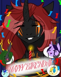 Size: 768x960 | Tagged: safe, alternate version, artist:_goddesskatie_, imported from derpibooru, oc, oc only, changeling, changeling queen, bust, cake, candle, changeling queen oc, confetti, crying, eye clipping through hair, eyes closed, female, food, green changeling, grin, happy birthday, open mouth, smiling, tears of joy