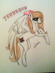 Size: 720x960 | Tagged: safe, artist:beamybutt, imported from derpibooru, oc, oc only, pegasus, pony, bow, eyelashes, female, hair bow, mare, pegasus oc, rearing, signature, solo, traditional art, wings