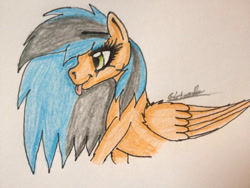 Size: 960x720 | Tagged: safe, artist:beamybutt, imported from derpibooru, oc, oc only, pegasus, pony, :p, bust, eyelashes, female, mare, pegasus oc, signature, solo, tongue out, traditional art, wings