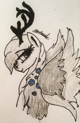 Size: 1758x2716 | Tagged: safe, artist:beamybutt, imported from derpibooru, oc, oc only, deer, deer pony, original species, pony, antlers, bust, eyelashes, signature, solo, traditional art