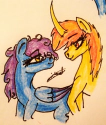 Size: 2145x2533 | Tagged: safe, artist:beamybutt, imported from derpibooru, oc, oc only, pegasus, pony, unicorn, bust, duo, eyelashes, female, high res, horn, looking at each other, looking back, mare, pegasus oc, signature, traditional art, unicorn oc, wings