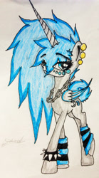 Size: 1714x3087 | Tagged: safe, artist:beamybutt, imported from derpibooru, oc, oc only, oc:moonbeam, alicorn, pony, alicorn oc, bust, choker, eyelashes, female, horn, leg warmers, mare, signature, solo, spiked choker, traditional art, two toned wings, wings