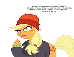 Size: 1300x1008 | Tagged: safe, artist:velgarn, imported from derpibooru, applejack, earth pony, pony, ppov, applejack is best facemaker, captain jackbeard, clothes, cutie mark, dark, female, hat, jacket, jaws, mare, quint, quote, simple background, solo, sweater, white background