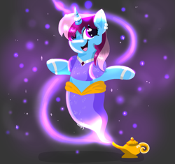 Size: 1275x1200 | Tagged: safe, artist:julie25609, imported from derpibooru, oc, oc only, oc:parcly taxel, alicorn, genie, genie pony, pony, unicorn, albumin flask, bracelet, clothes, collar, commission, ear piercing, earring, female, floating, jewelry, lamp, looking at you, magic lamp, mare, piercing, smiling, solo, sparkles, vest, wingless