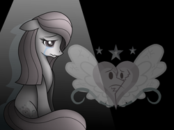 Size: 1670x1251 | Tagged: safe, artist:muhammad yunus, artist:tanahgrogot, imported from derpibooru, oc, oc only, oc:annisa trihapsari, earth pony, pony, series:the return of annisa, base used, black background, crying, cutie mark, earth pony oc, female, floppy ears, heartbreak, lost, mare, medibang paint, sad pony, simple background, solo