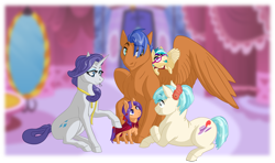 Size: 4567x2697 | Tagged: safe, artist:songbirddeige, imported from derpibooru, coco pommel, rarity, spearhead, oc, oc:ma petite, oc:tres magnifique, pegasus, pony, unicorn, lying down, offspring, parent:rarity, parent:spearhead, prone