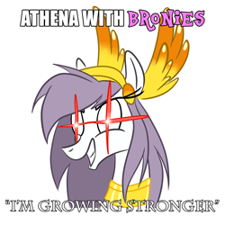 Size: 1200x1200 | Tagged: safe, artist:velgarn, imported from derpibooru, oc, oc only, oc:athena, oc:athena (shawn keller), pegasus, pony, caption, female, glowing eyes, growing stronger, guardians of pondonia, i am growing stronger, image macro, jewelry, mare, meme, not princess molestia, regalia, simple background, solo, text, white background