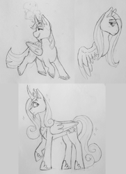 Size: 1280x1768 | Tagged: safe, artist:verikoira, imported from derpibooru, fluttershy, princess cadance, twilight sparkle, alicorn, pegasus, pony, facial hair, female, goatee, mare, monochrome, pencil drawing, traditional art, trio, trio female, twilight sparkle (alicorn)