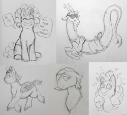 Size: 1280x1162 | Tagged: safe, artist:verikoira, imported from derpibooru, discord, fluttershy, pinkie pie, oc, oc:monochrome heart, draconequus, earth pony, pegasus, pony, female, floating heart, heart, male, mare, monochrome, pencil drawing, starry eyes, tongue out, traditional art, wingding eyes