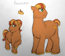 Size: 1280x1115 | Tagged: safe, artist:verikoira, imported from derpibooru, oc, oc only, oc:honeycrisp, earth pony, pony, female, filly, freckles, mare, offspring, parent:applejack, parent:caramel, parents:carajack, solo, traditional art, unshorn fetlocks