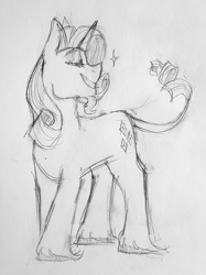 Size: 1280x1710 | Tagged: safe, artist:verikoira, imported from derpibooru, rarity, classical unicorn, pony, unicorn, cloven hooves, female, leonine tail, mare, monochrome, pencil drawing, solo, traditional art, unshorn fetlocks