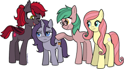 Size: 1300x727 | Tagged: safe, artist:catachromatic, derpibooru exclusive, imported from derpibooru, oc, oc:jubilant, oc:ruby seed, oc:smooth cream, unnamed oc, bat pony, earth pony, pony, unicorn, annoyed, bags under eyes, bat pony oc, earth pony oc, fangs, female, freckles, full body, glasses, group, group shot, grumpy, horn, mare, not fluttershy, short, signature, unicorn oc