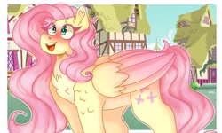 Size: 1390x834 | Tagged: safe, artist:jesterfestivle, imported from derpibooru, fluttershy, pegasus, pony, blushing, chest fluff, colored wings, colored wingtips, cute, eye clipping through hair, female, mare, ponyville, shyabetes, solo, wings