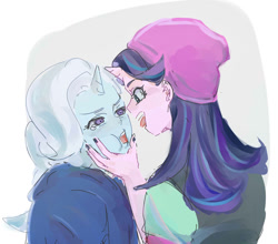 Size: 1024x900 | Tagged: safe, artist:misochikin, imported from derpibooru, starlight glimmer, trixie, human, equestria girls, beanie, cheek squish, female, hand on face, hat, horn, horned humanization, humanized, looking at each other, open mouth, squishy cheeks, teary eyes